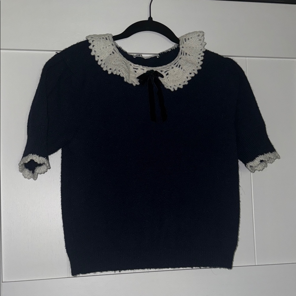 Navy Blue Sweater Top with knit Collar